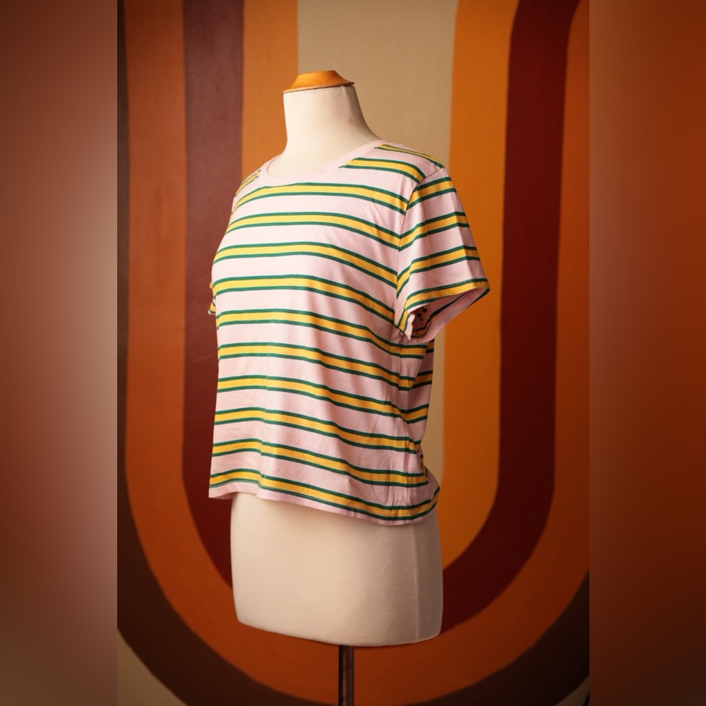 Pink tee shirt with green and yellow stripes